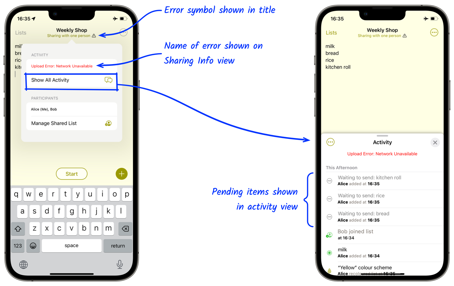 App shows the details of the error and the affected items