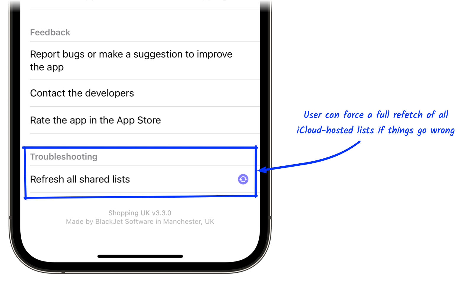 Troubleshooting option to force a refetch of all iCloud-hosted lists