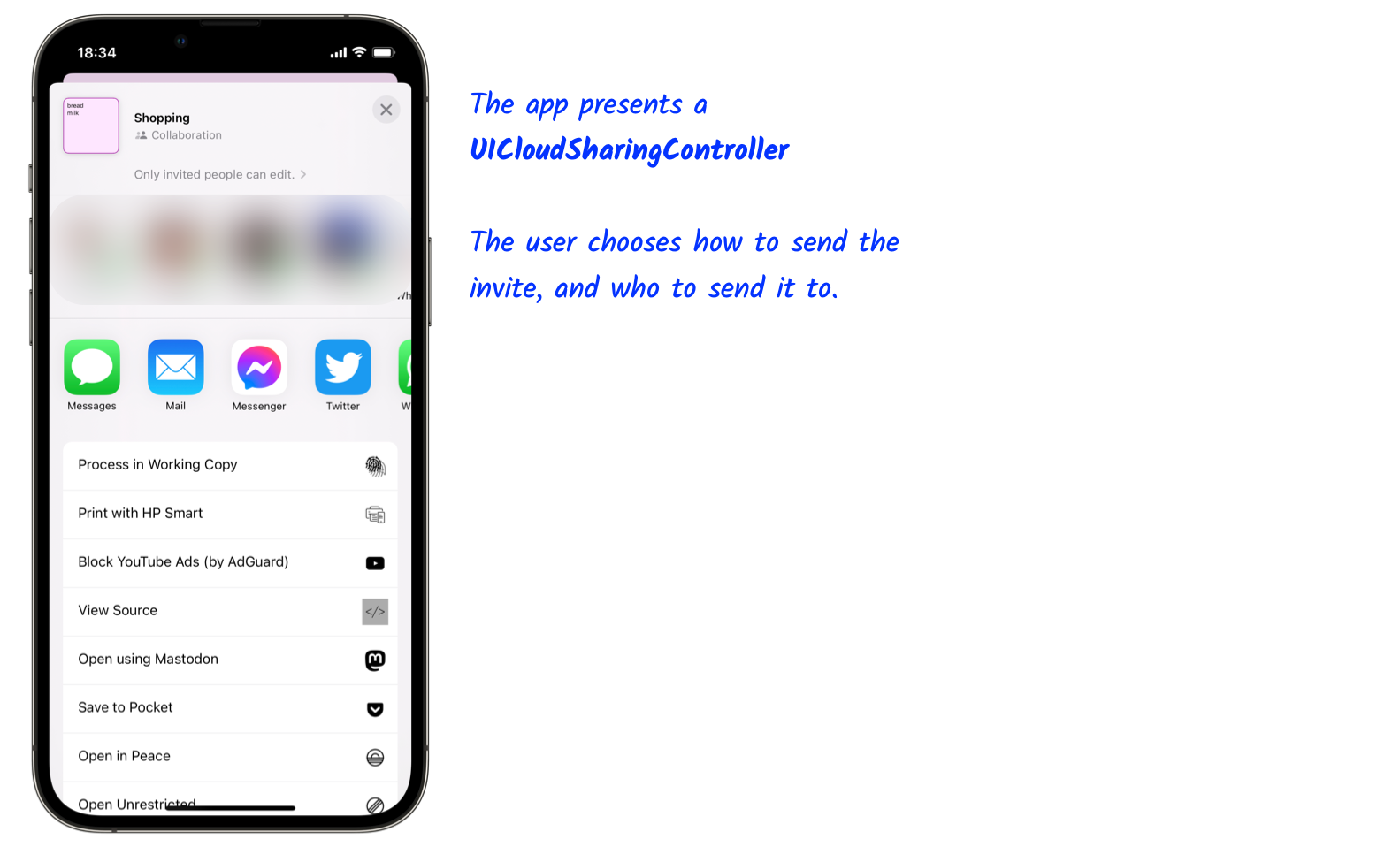 The app creates a UICloudSharingController to provide UI and coordinate
