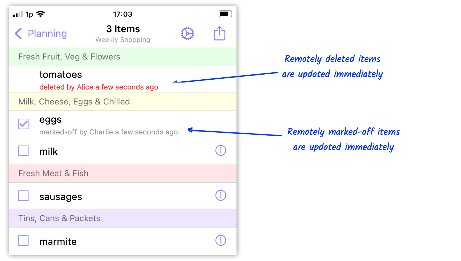 "Delete" and "Marked-off" indications in "shopping" mode