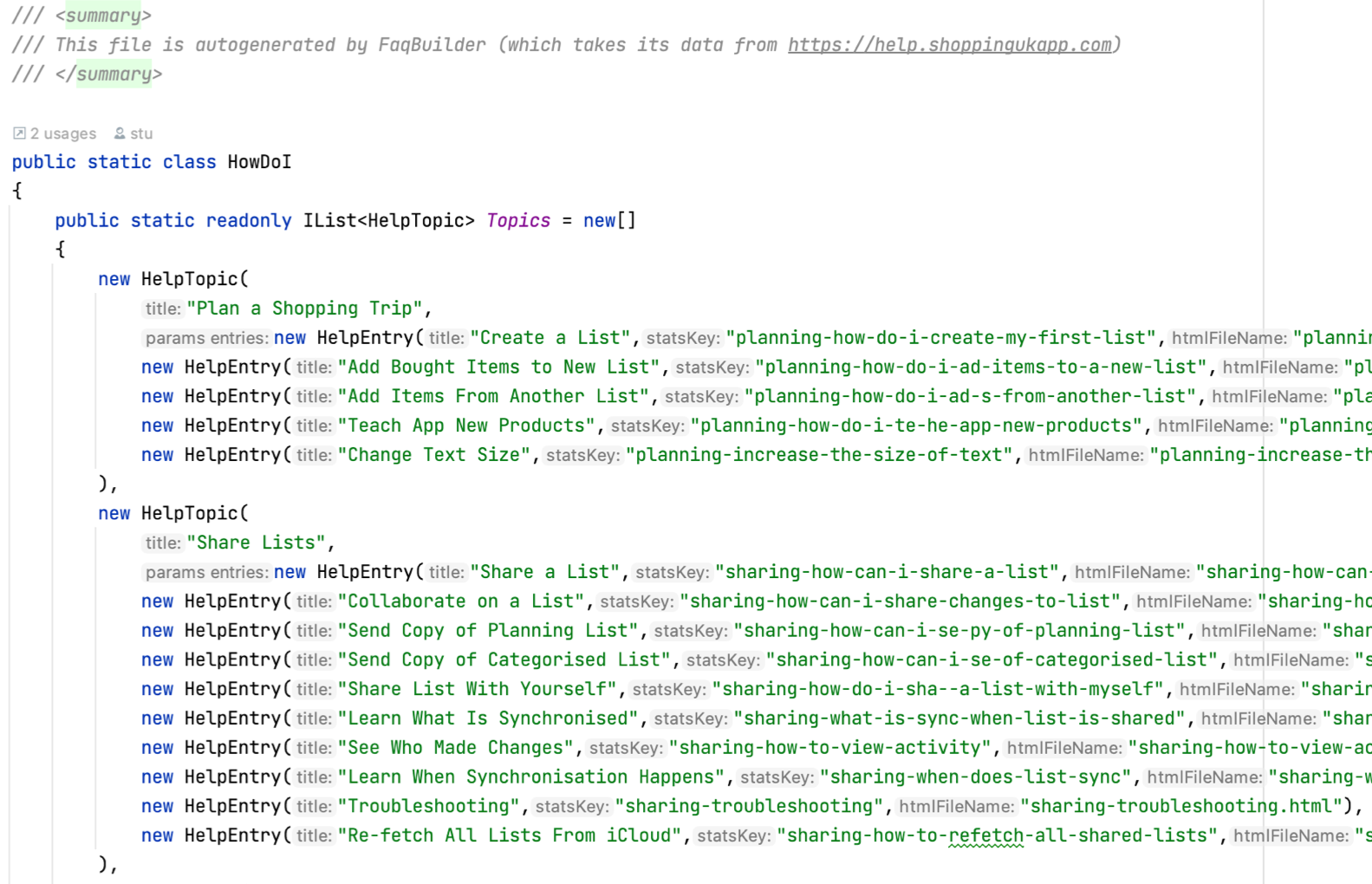 Navigation structure in code